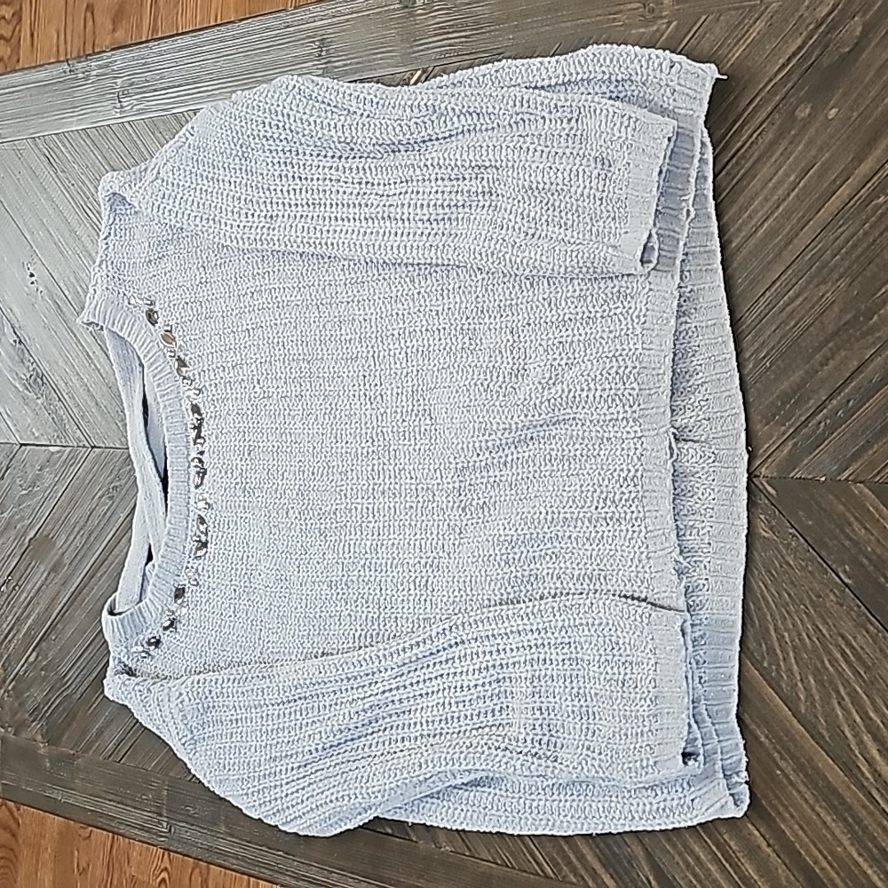 Sugar Girls Sweater, Beaded neck, cross strap back, gray, size L